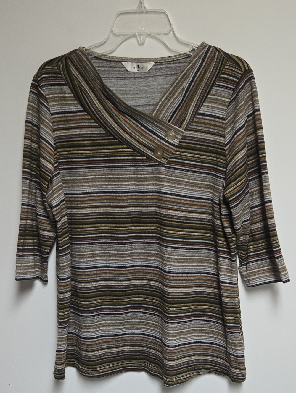 Agnes Orinda Multiple Color Striped V-Neck Button Accent 3/4 Sleeve Boho Top 1X